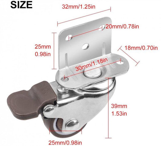 Casters Set of 4 with Brakes - 25mm + Screws TPR Rubber Heavy Duty Wheels 15KG - Furniture Casters for V1188-NK-BOL-651