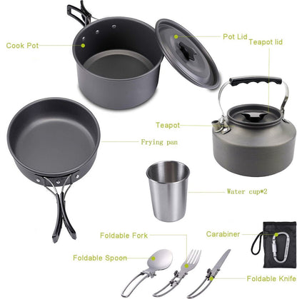 Cookware - 9-piece - for camping, outdoor, hiking, picnic, BBQ, foldable camping pans - safe and BPA - V1188-NK-BOL-73