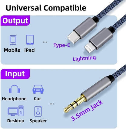 USB C \u0026 Lightning to 3.5mm Aux Audio Adapter Cable Braided Nylon V1188-ONE-20-128-1
