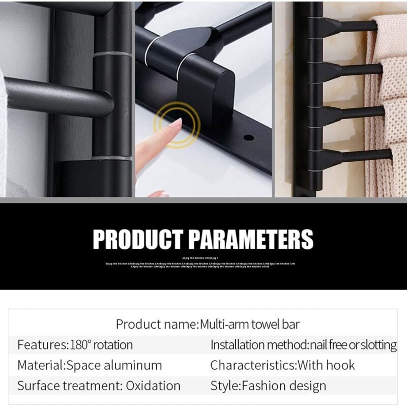 Swivel towel rack wall mounted bathroom towel holder rotating rack space saving 4 arms black V1188-ONE60-02125-1