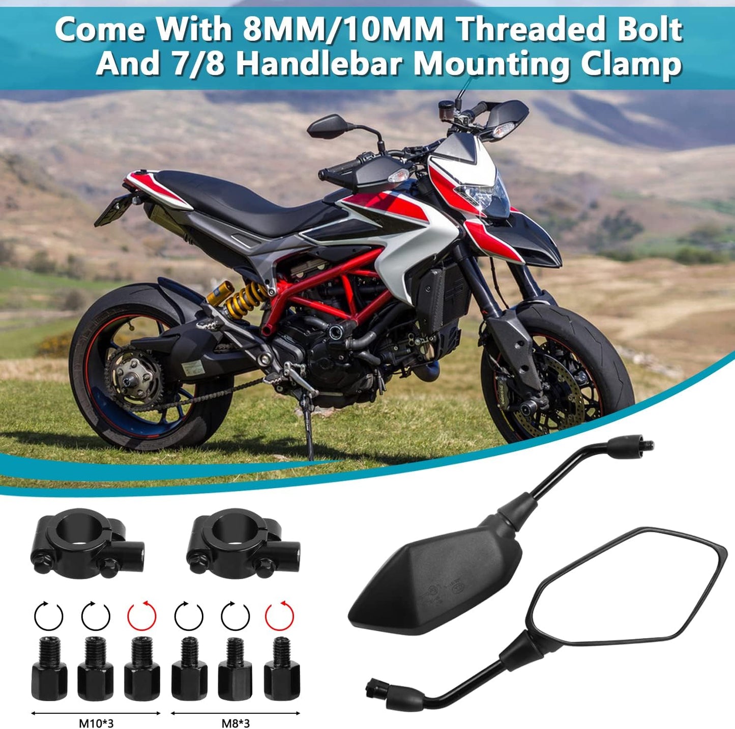 Motorcycle Rearview Mirrors Universal Pair Compatible with Motorcycles V1188-ONE60-03832-1