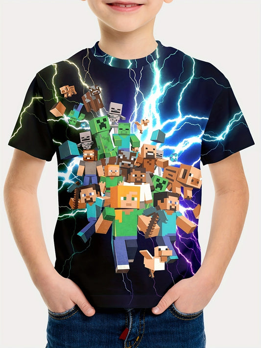 Minecraft T-shirt Boys Girls 120cm Cartoon Print Round Neck Short Sleeve Casual Summer Top V1188-ONE60-14686-2