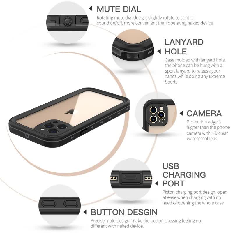 Waterproof Case for iPhone 15 14 13 12 11 Pro Max XS Max XR 7 8 IP68 Diving Swimming Transparent Black V1188-ONEFD72-08234-135