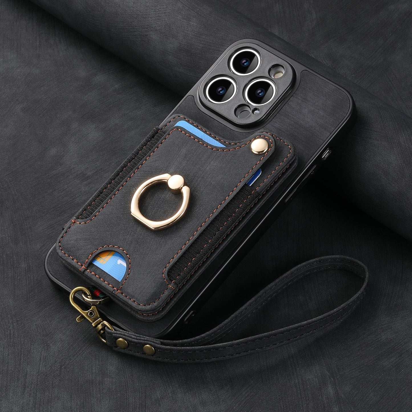 iPhone 11 Compatible Leather Case with RFID Blocking Multi-Functional Card Holder Lanyard Anti-Theft Ring V1188-ONEFD72-08243-39