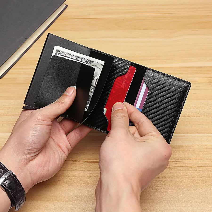 Carbon Fiber Wallet Men RFID Black Trifold Leather Slim Mini Small Money Card Holder V1188-PA0916-160-1