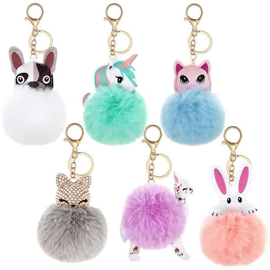 6-Pack Cute Animal Pom Pom Keychain, Faux Plush Fluffy Keychains For Girls V1188-PAPO-10723