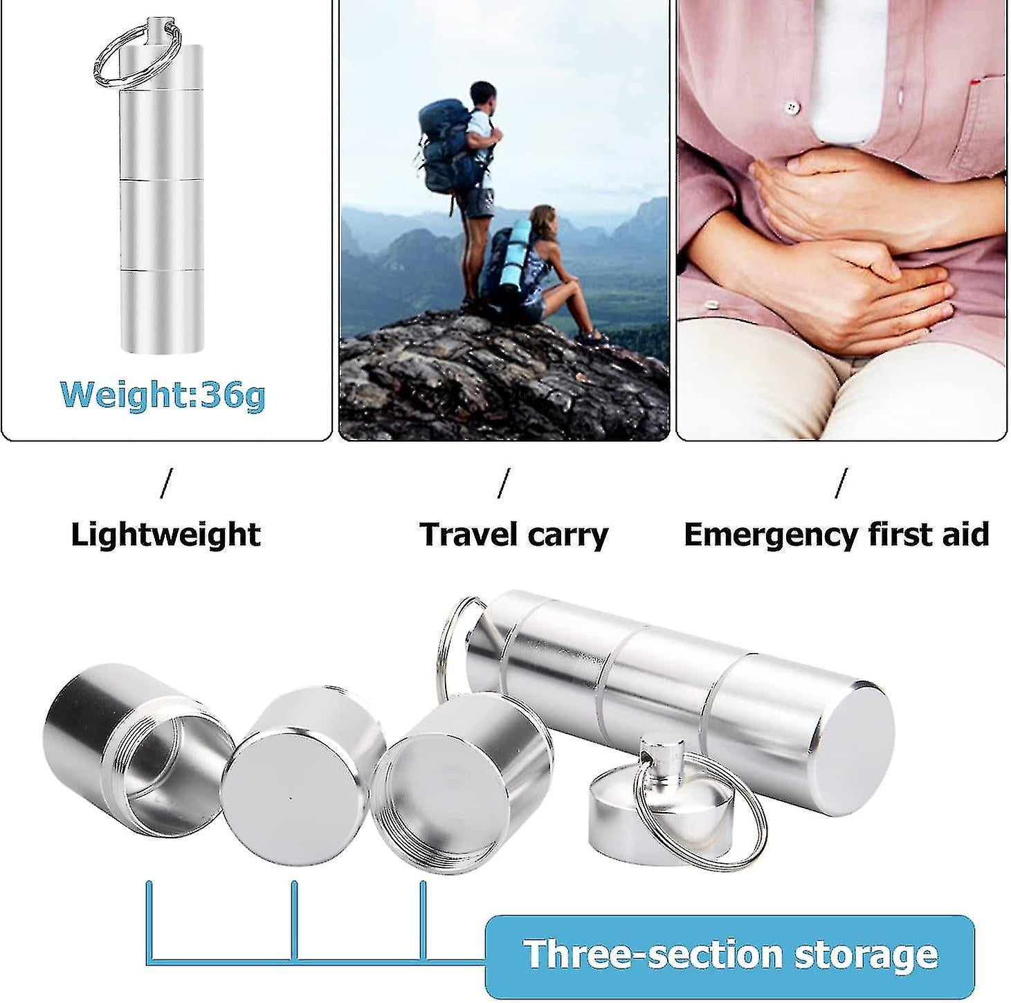 2 Pieces Aluminum Pill Box Portable Pill Organizer 3 Compartments Metal Pill Case Pocket Gift V1188-RD-062879