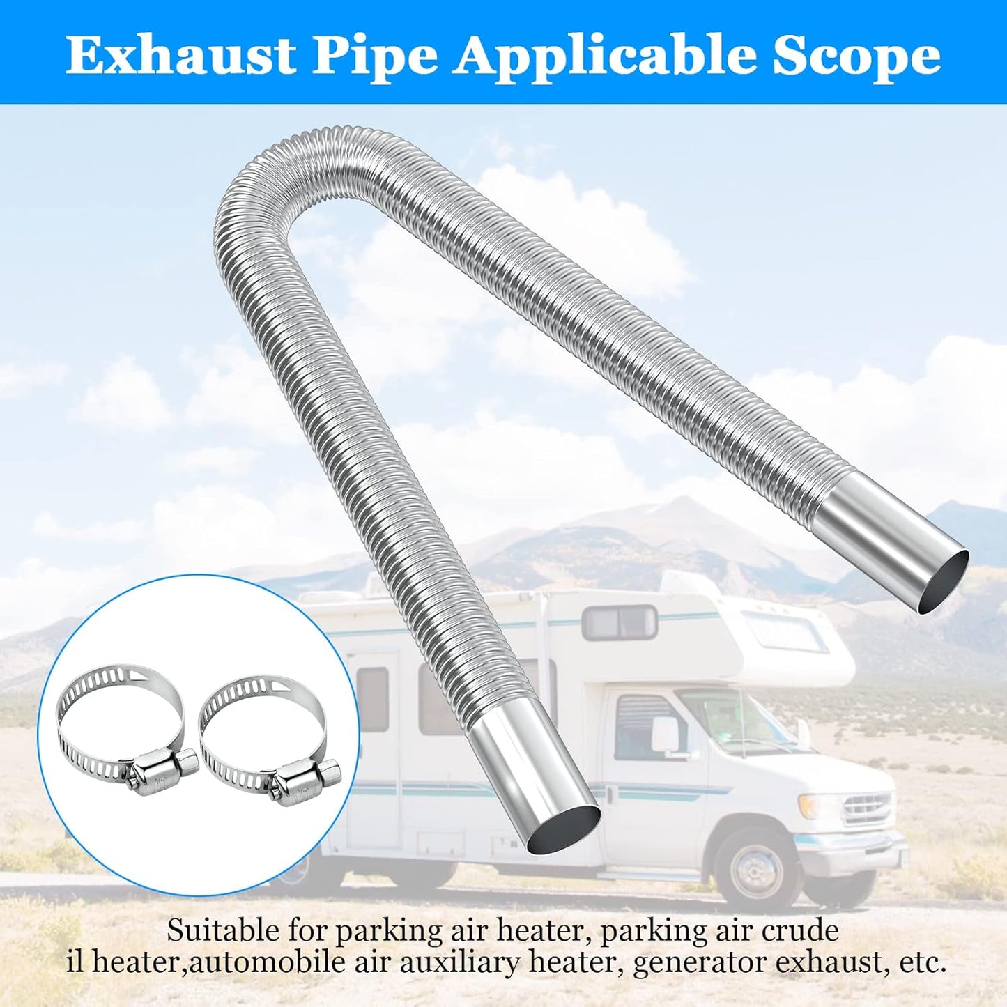 Exhaust Pipe for Parking Heater 60cm Stainless Steel with 2 Clamps Compatible with Diesel Heaters V1188-SAII108-00303-1