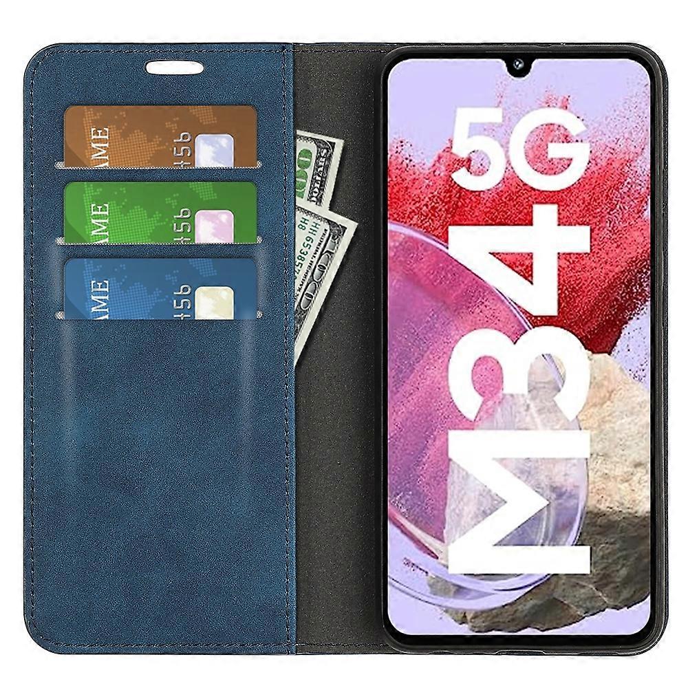 Compatible with Samsung Galaxy M34 5G Phone Case Retro Skin Magnetic Leather Dark Blue V1188-SU-FU1025-00005-5