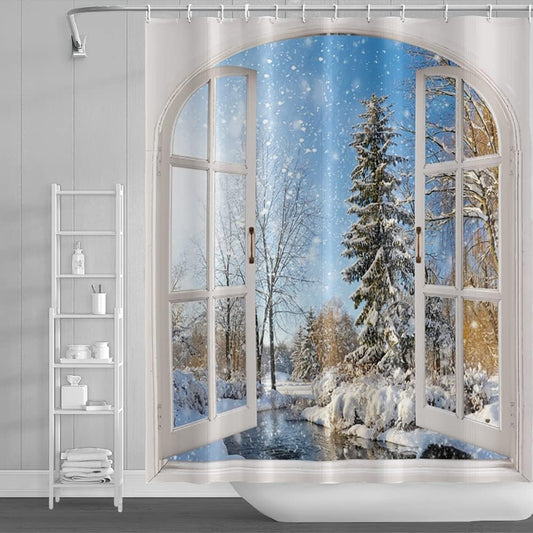 Winter Snow Scene Shower Curtain 180cm x 180cm Blue Sky Christmas Tree River Holiday Bath Curtain V1188-SU-FU927-2225