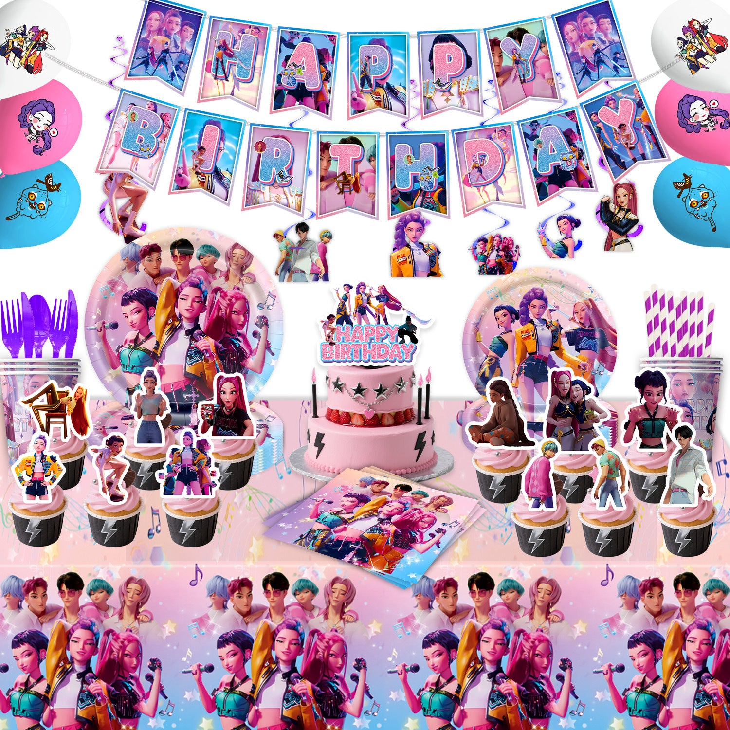 K-pop Demon Hunters Birthday Party Decorations Set Banner Cake Topper Balloons for Kids Theme Celebration V1188-SU-FY95-00057