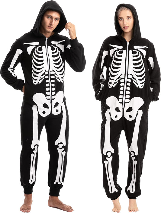 Unisex Skeleton Onesie Pajamas Plush Skeleton Jumpsuit Zipper Halloween Hoodie Pajamas for Adults Sleepwear V1188-SUU68-01310-2