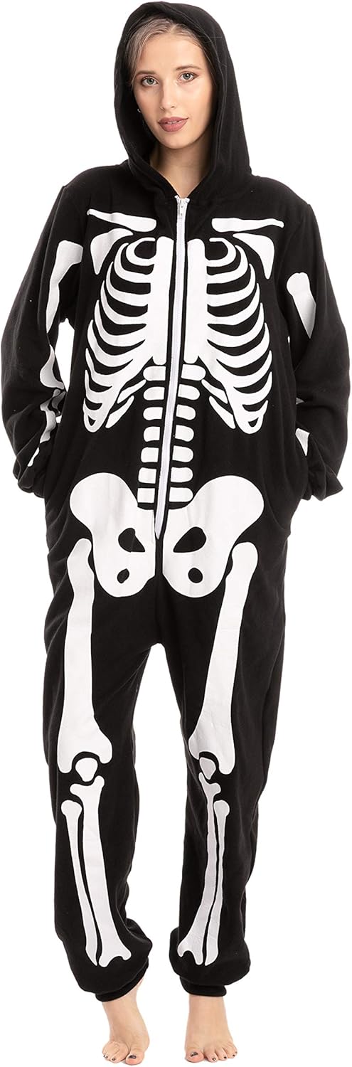 Unisex Skeleton Onesie Pajamas Plush Skeleton Jumpsuit Zipper Halloween Hoodie Pajamas for Adults Sleepwear V1188-SUU68-01310-2