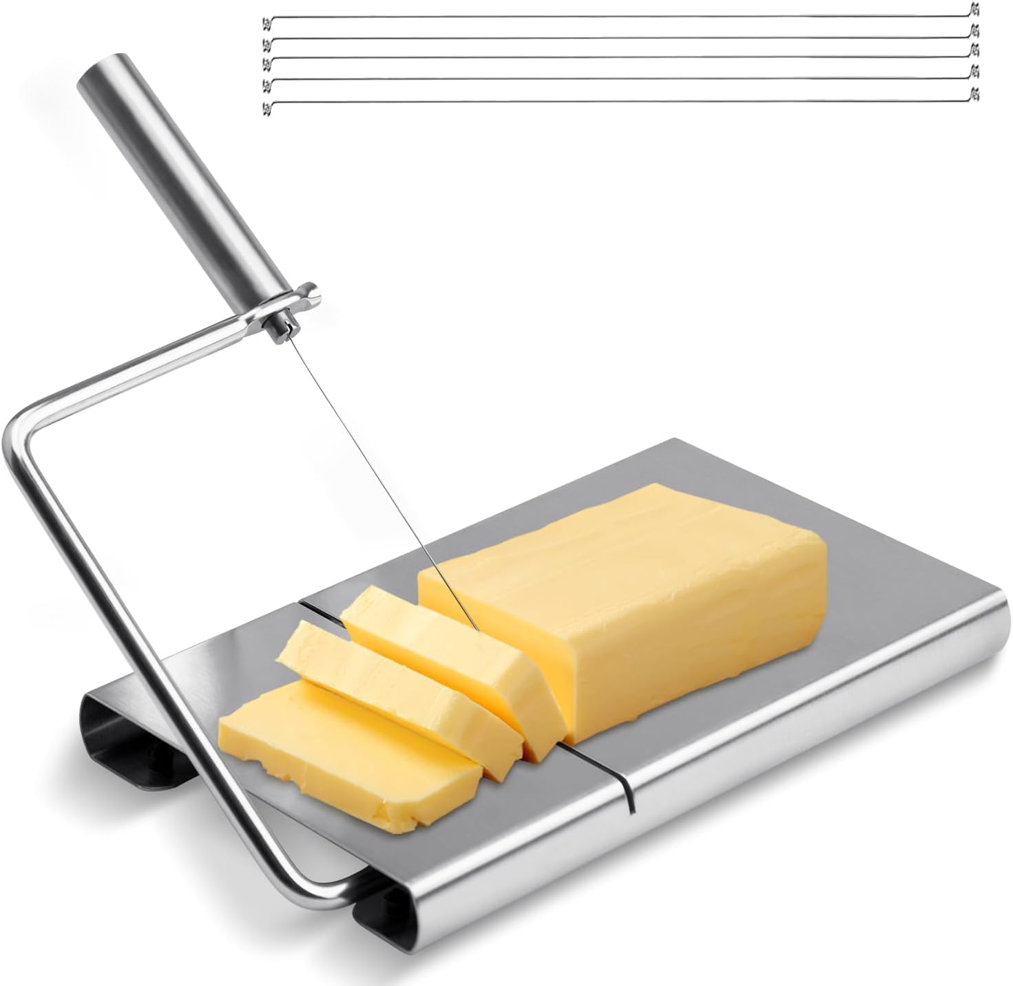 Cheese cutter with wire, cheese cutter for block cheese with 6 replacement wires, stainless steel cheese V1188-SX-0008109