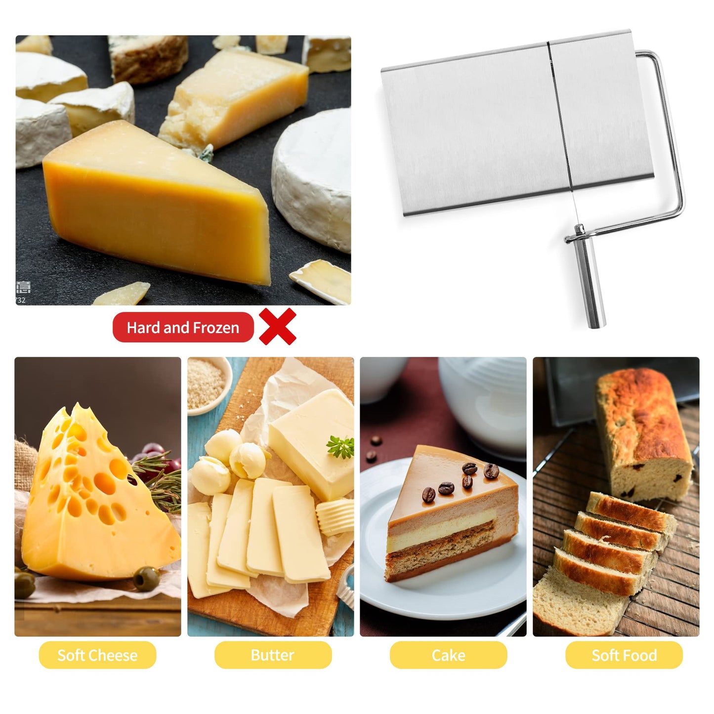 Cheese cutter with wire, cheese cutter for block cheese with 6 replacement wires, stainless steel cheese V1188-SX-0008109