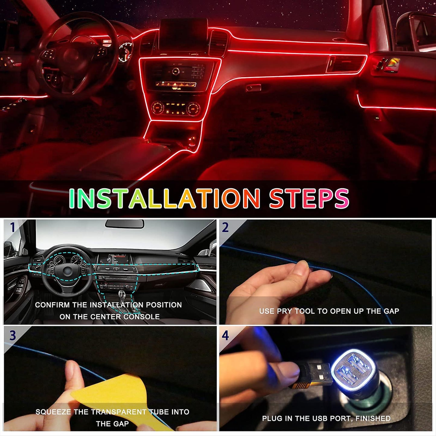 Car LED Interior Strip Light 3m USB Neon Wire Lamps Glowing Ambient Lighting Car Decorations Interior Red V1188-TAE41-00600