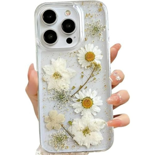 iPhone 16 Plus Case with Real Flowers Design, Transparent Glitter Floral TPU Slim Soft Protective Case for V1188-TAL-826-0114