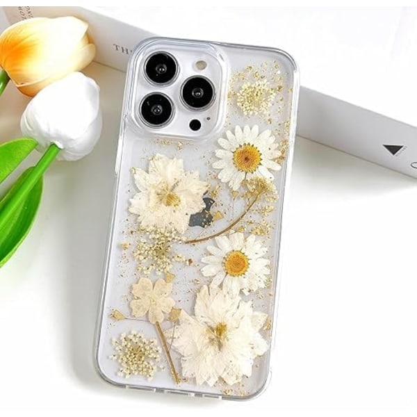 iPhone 16 Plus Case with Real Flowers Design, Transparent Glitter Floral TPU Slim Soft Protective Case for V1188-TAL-826-0114