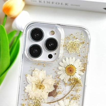 iPhone 16 Plus Case with Real Flowers Design, Transparent Glitter Floral TPU Slim Soft Protective Case for V1188-TAL-826-0114