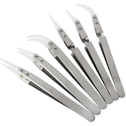 Precision Ceramic Inverted Soldering Tweezers 6pcs Non-conductive Antimagnetic with Pointed Curved Tips V1188-TAL-MN113-1734