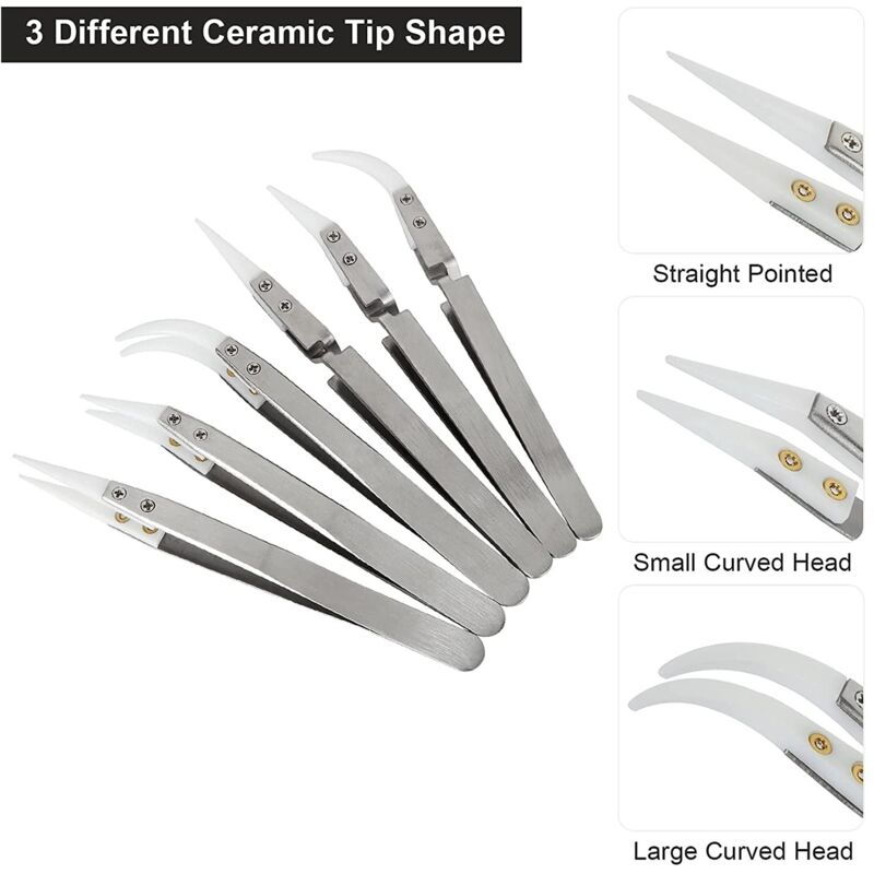 Precision Ceramic Inverted Soldering Tweezers 6pcs Non-conductive Antimagnetic with Pointed Curved Tips V1188-TAL-MN113-1734