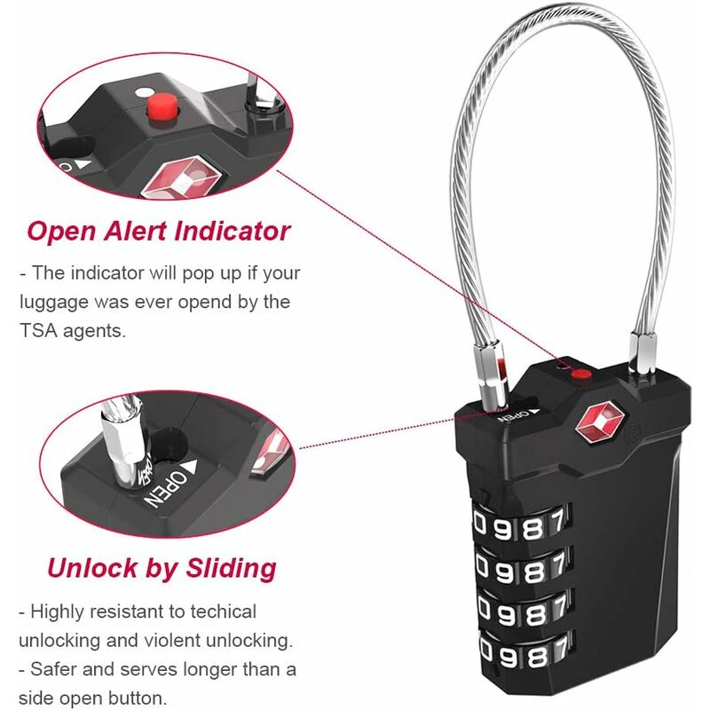 TSA Lock 4-Digit Combination Luggage Suitcase Alarm Anti-Theft Code with Opening Alarm Black 1 Piece V1188-TAL-SN-01197