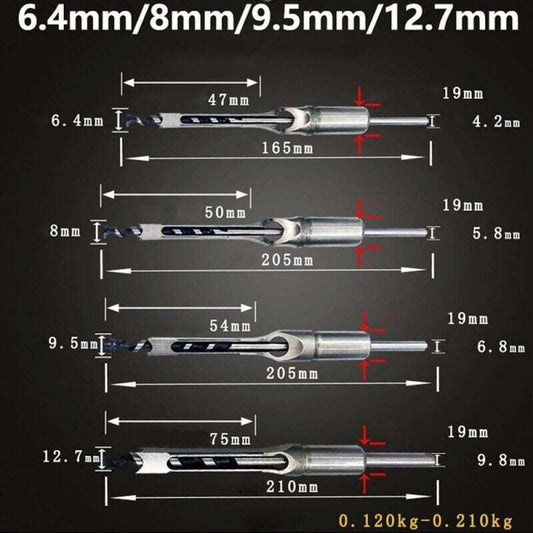 Wood Drill Bit Set for Square Holes, Compatible with Mortise and Tenon Joints, 4-Piece Woodworking Cutting V1188-TAL-SN-06364