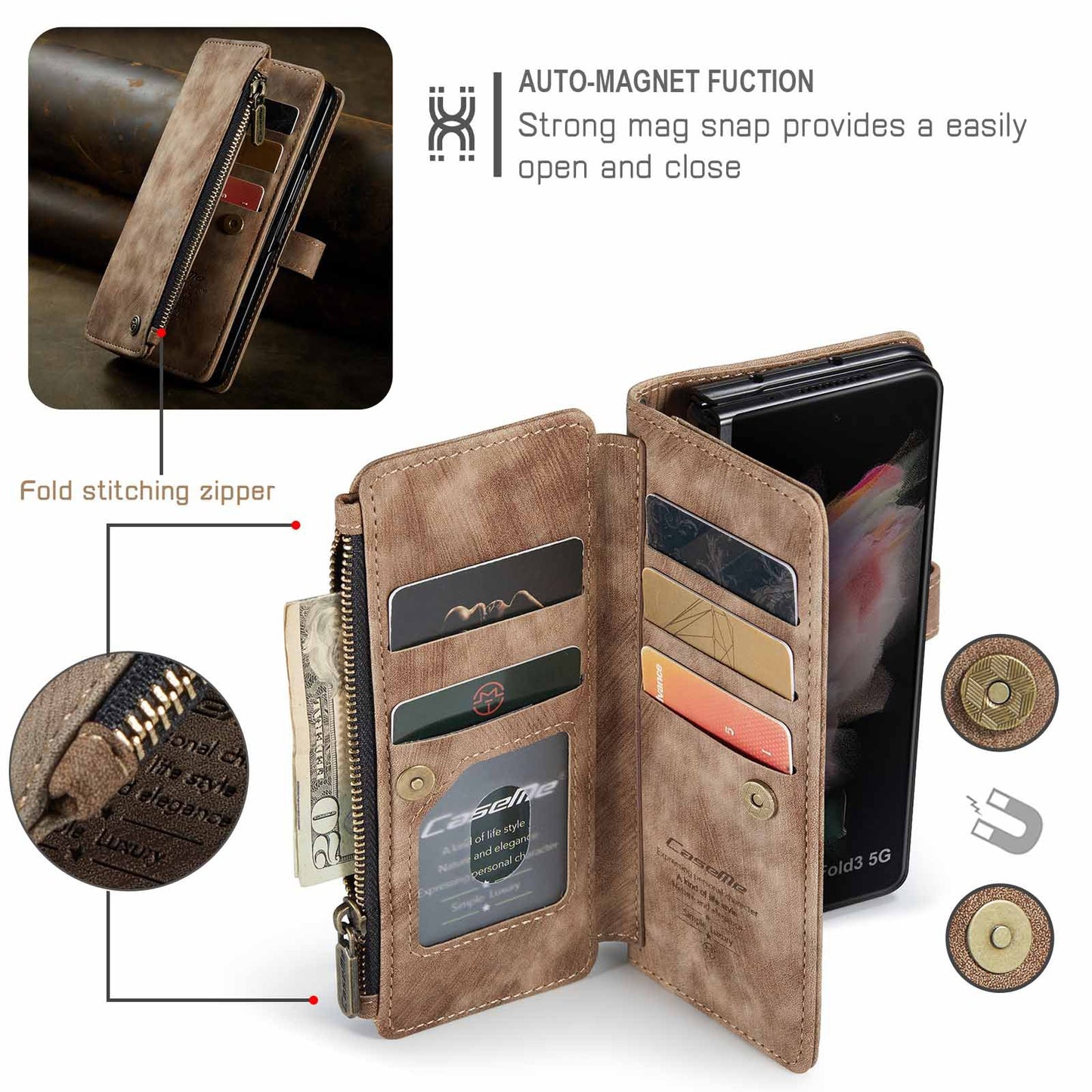 Compatible with Samsung Galaxy Z Fold 3 Case, Samsung, Retro Wallet Design, Card Slots, Magnetic Stand \u0026 V1188-TAL-X00932