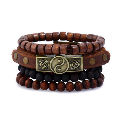 Brown Leather Bracelets with Wooden Beads for Men, 4-Pack - Compatible with iPhone V1188-TAL-X04082