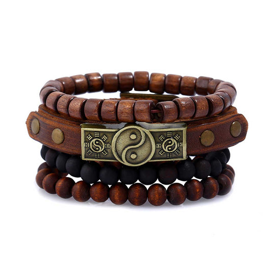 Brown Leather Bracelets with Wooden Beads for Men, 4-Pack - Compatible with iPhone V1188-TAL-X04082