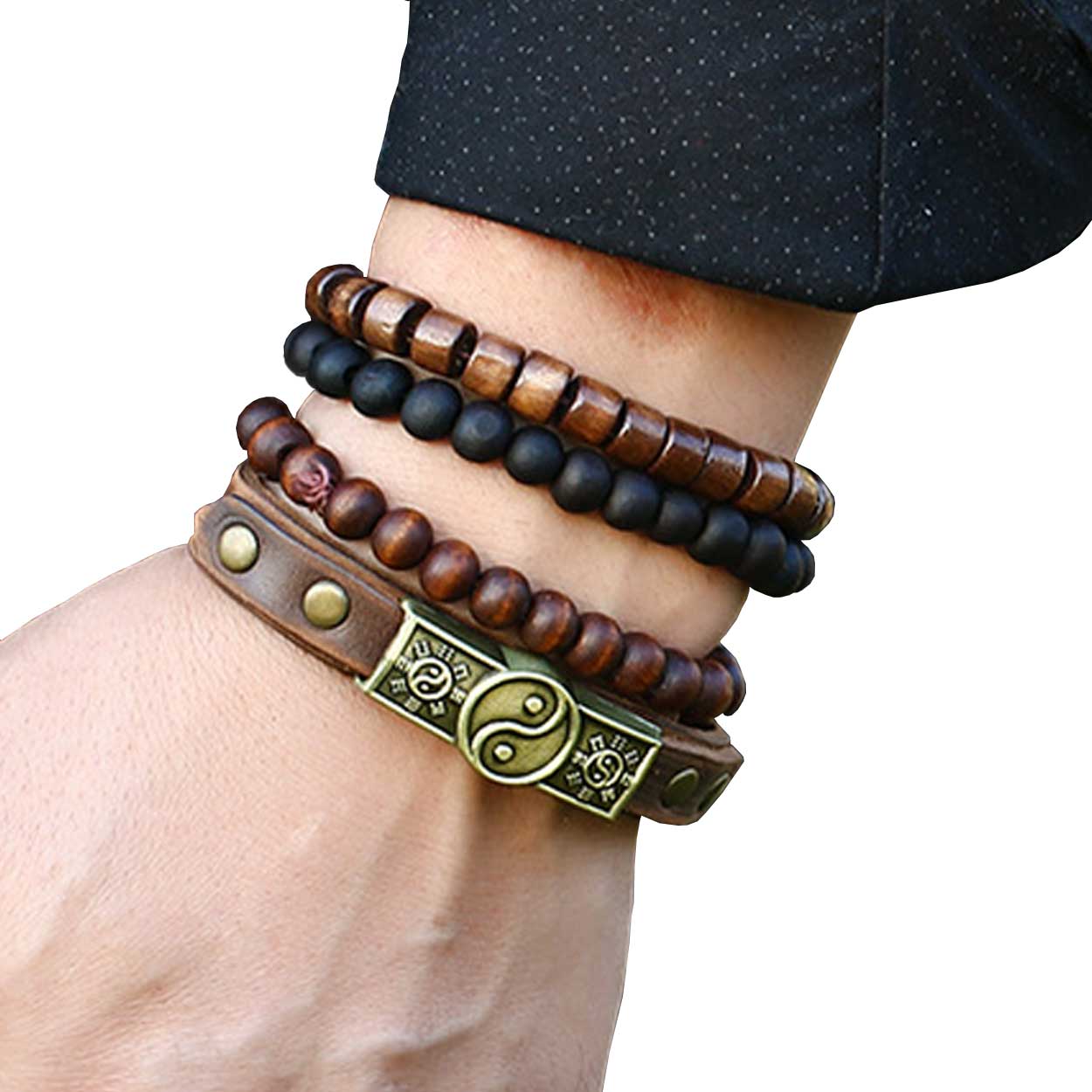 Brown Leather Bracelets with Wooden Beads for Men, 4-Pack - Compatible with iPhone V1188-TAL-X04082