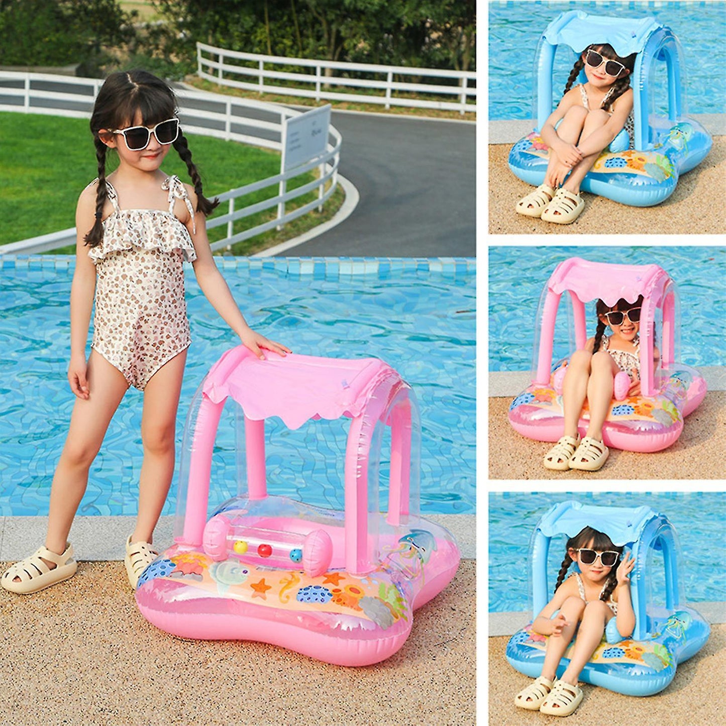 Baby Swim Ring Inflatable Pool Float with Handle UPF 50+ Sun Protection for Children 3 to 36 Months Blue V1188-TR101-24071-2