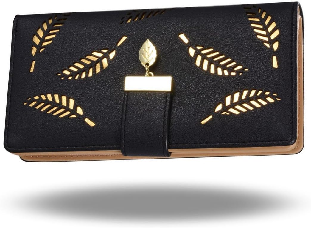 Women's Large Capacity Long Wallet Hollow Leaf Design Black V1188-TR101-24871-1