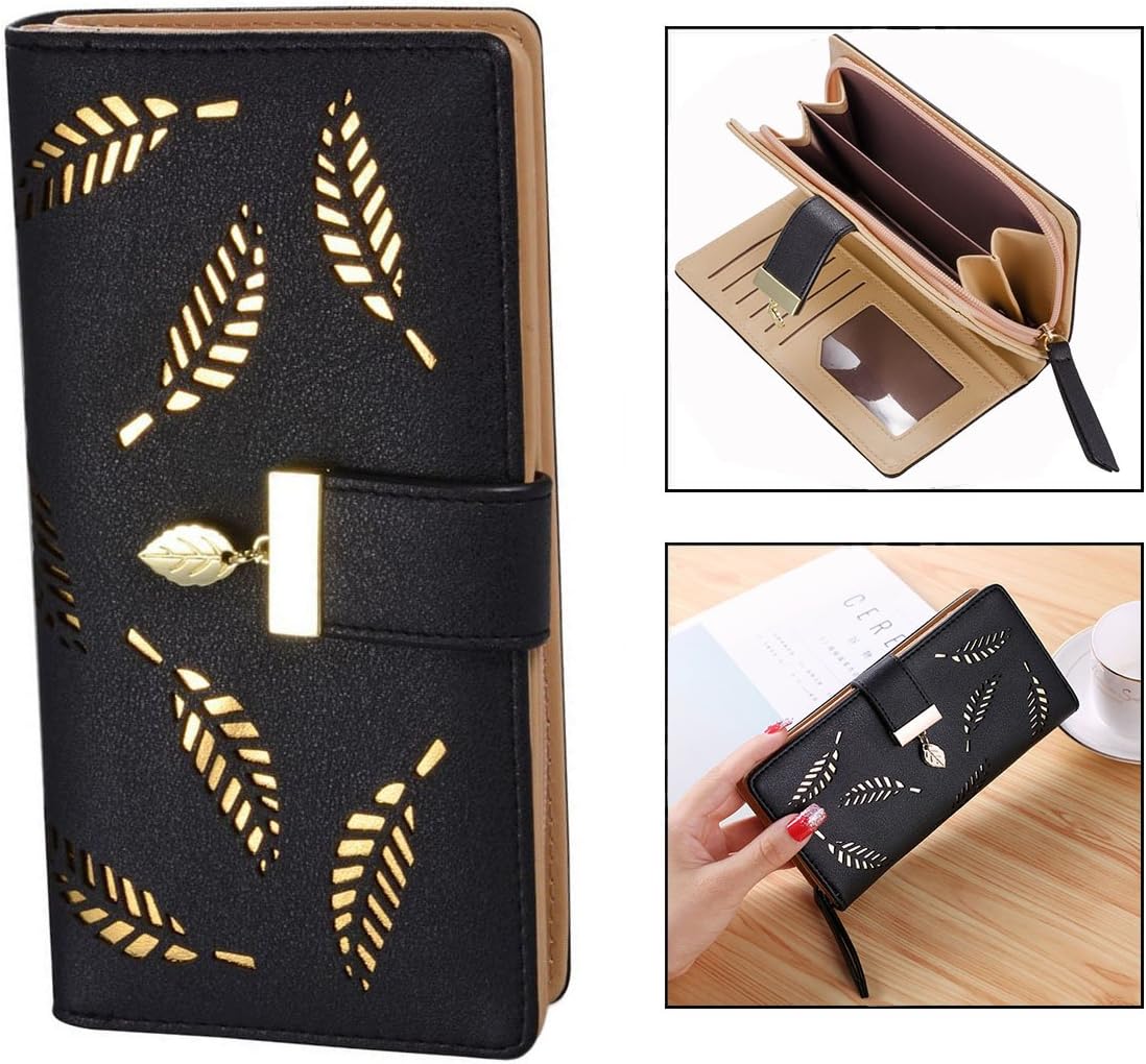 Women's Large Capacity Long Wallet Hollow Leaf Design Black V1188-TR101-24871-1