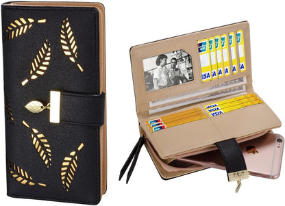 Women's Large Capacity Long Wallet Hollow Leaf Design Black V1188-TR101-24871-1