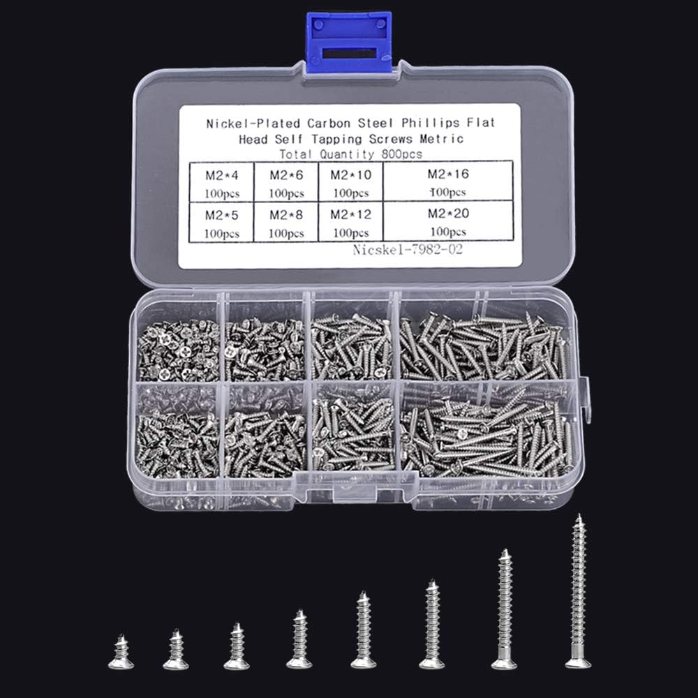 800pcs Small M2 Self Tapping Screws Assortment Box, Countersunk Phillips Flat Head Wood Screws (M2-4mm 5mm V1188-TRY101-02031-1