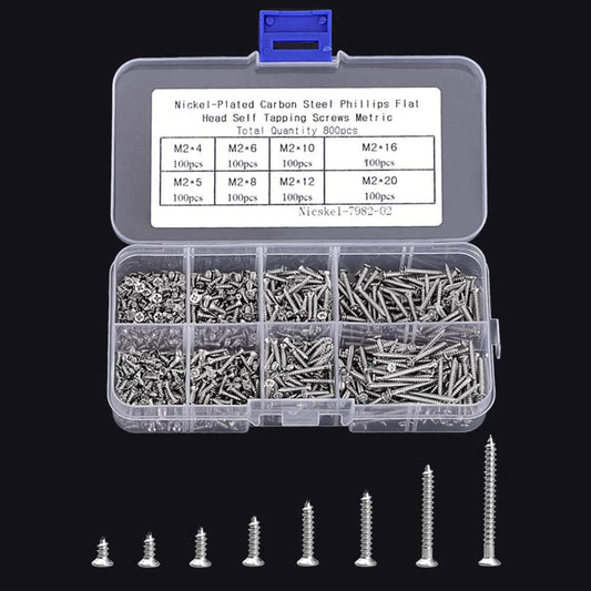 800pcs Small M2 Self Tapping Screws Assortment Box, Countersunk Phillips Flat Head Wood Screws (M2-4mm 5mm V1188-TRY101-02031-1