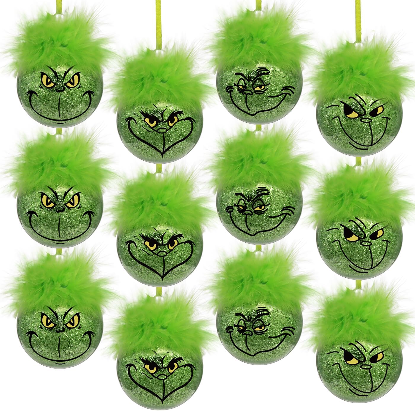 Grinch Christmas Baubles 12 Pcs Fluffy Green Hair Glitter Tree Ornaments Indoor Decor V1188-TRY101-06403-1