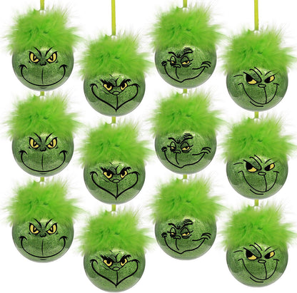 Grinch Christmas Baubles 12 Pcs Fluffy Green Hair Glitter Tree Ornaments Indoor Decor V1188-TRY101-06403-1