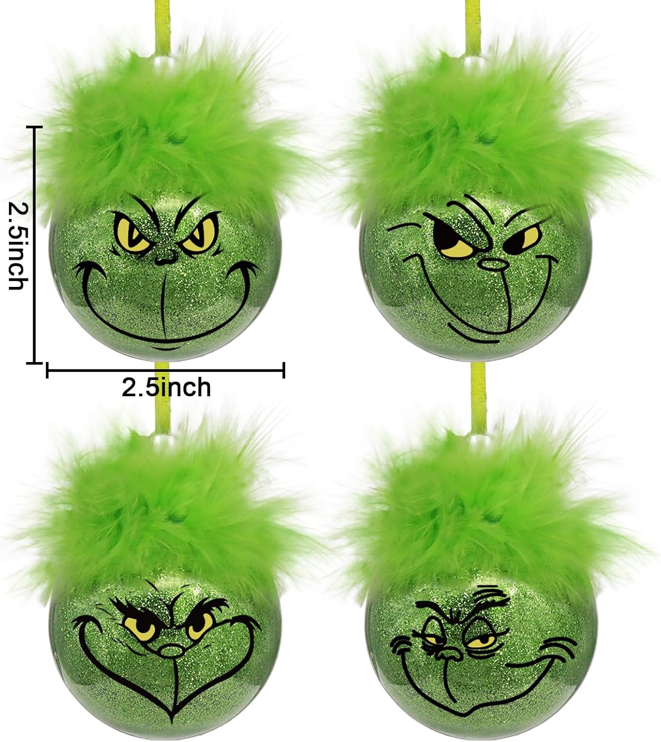 Grinch Christmas Baubles 12 Pcs Fluffy Green Hair Glitter Tree Ornaments Indoor Decor V1188-TRY101-06403-1