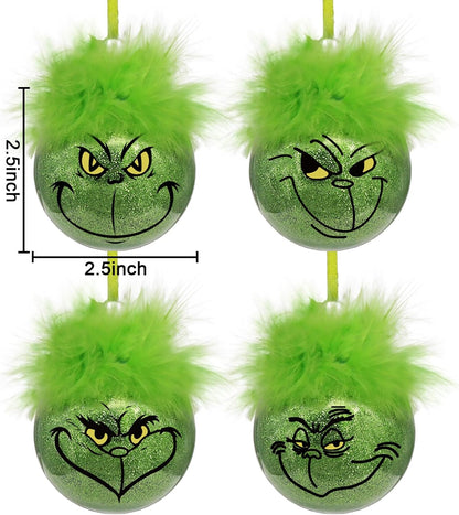 Grinch Christmas Baubles 12 Pcs Fluffy Green Hair Glitter Tree Ornaments Indoor Decor V1188-TRY101-06403-1