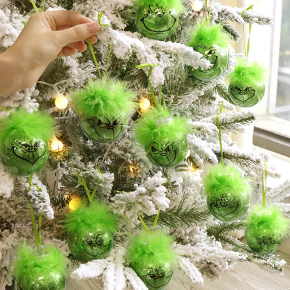 Grinch Christmas Baubles 12 Pcs Fluffy Green Hair Glitter Tree Ornaments Indoor Decor V1188-TRY101-06403-1