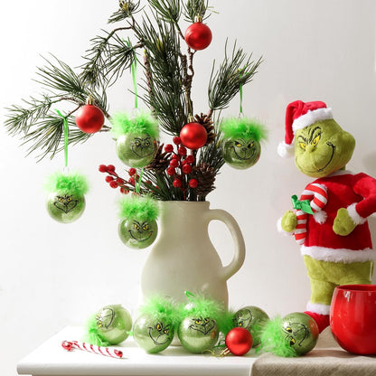 Grinch Christmas Baubles 12 Pcs Fluffy Green Hair Glitter Tree Ornaments Indoor Decor V1188-TRY101-06403-1