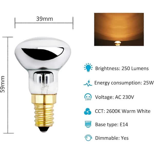 E14 R39 25W Dimmable Warm White 2600K Incandescent Bulb 250LM Small Reflector Bulbs Compatible with Heating V1188-TSCJ-75664