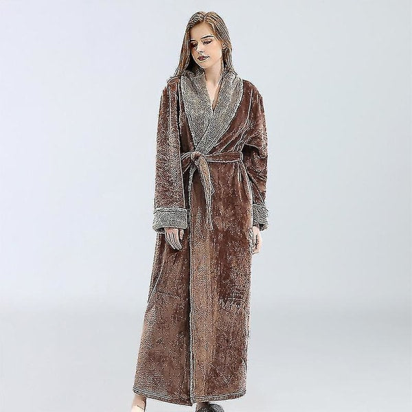 Women's Fleece Bathrobe Dressing Gown Long Warm Soft Robe Coffee Color XL Size V1188-TSCJ-89036