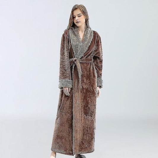 Women's Fleece Bathrobe Dressing Gown Long Warm Soft Robe Coffee Color XL Size V1188-TSCJ-89036