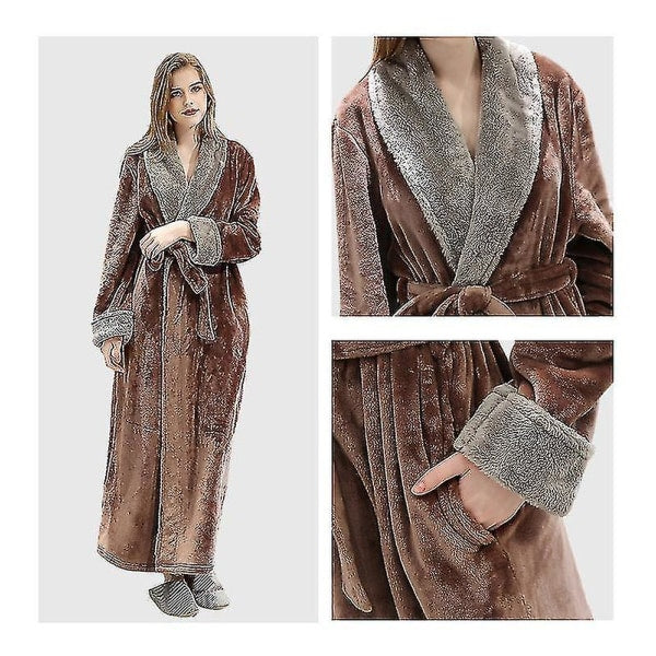 Women's Fleece Bathrobe Dressing Gown Long Warm Soft Robe Coffee Color XL Size V1188-TSCJ-89036