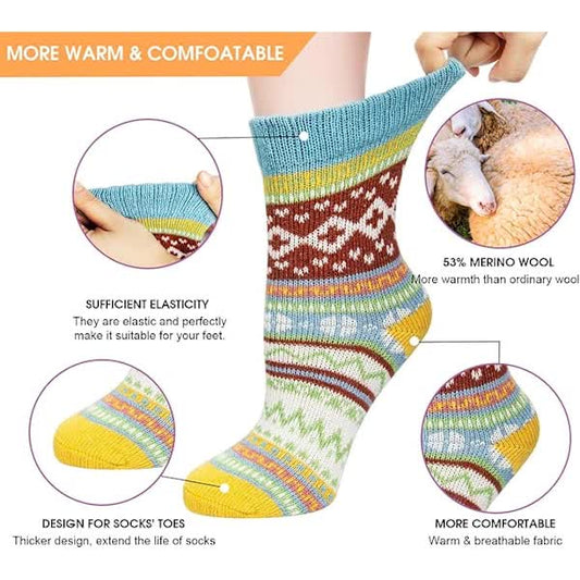 5 Pairs of Women's Merino Wool Socks, Thicker Thermal Knitting, Women's Socks for Hiking, Backpacking, V1188-TSCJ-95882