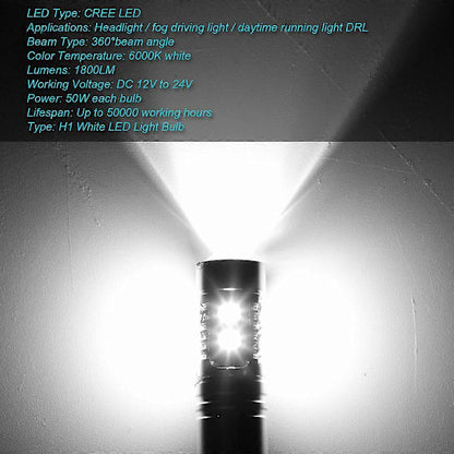 H1 LED Headlight Bulbs High and Low Beam Fog Lights 100W 6000K Conversion Kit 2x V1188-TSFD-3482-1