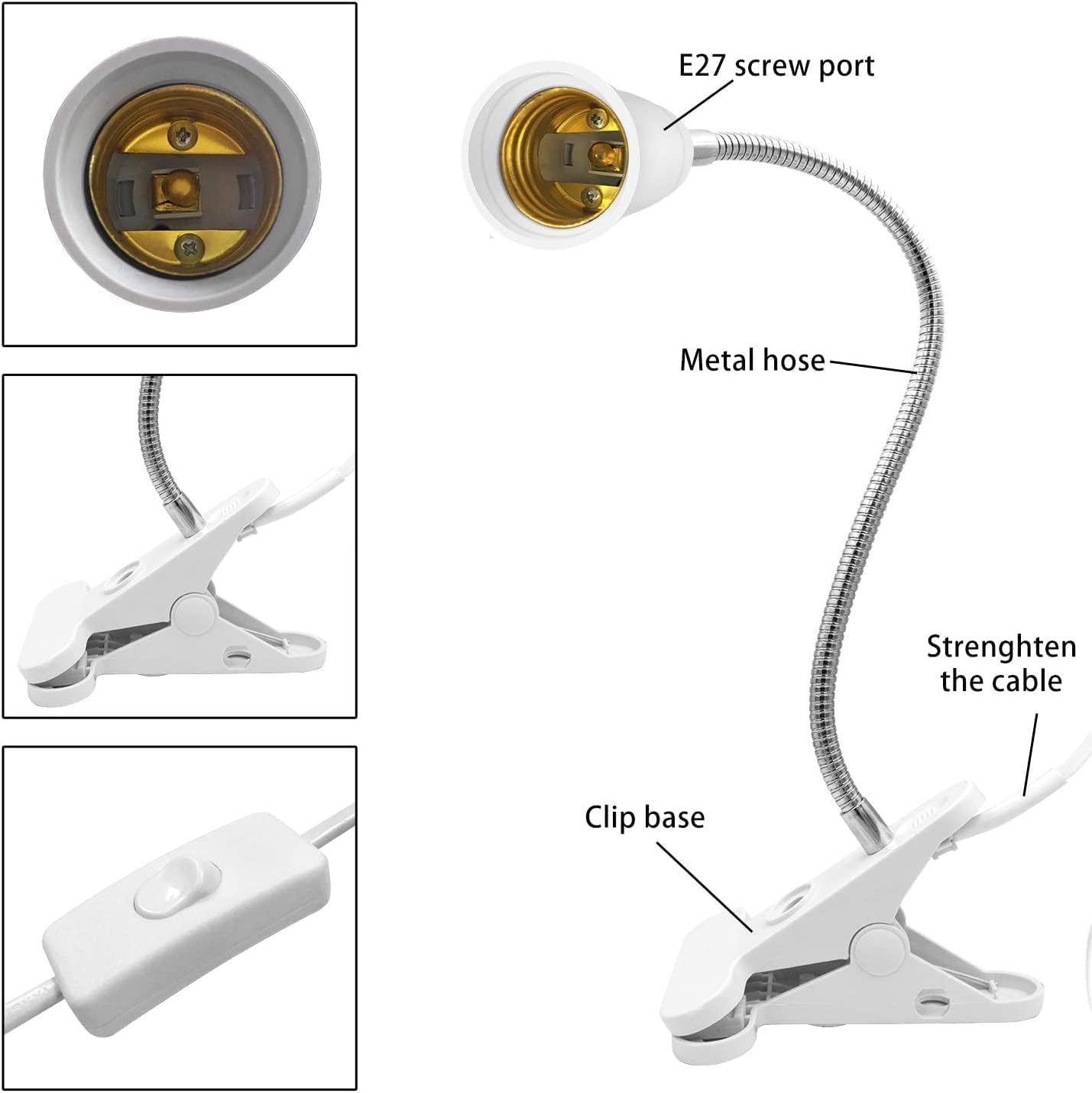 Bahong Clip Desk Lamp Socket,Desk Light Adapter,Clip Light Bulb Holder,E26/E27 Flexible Light Socket,86.6in V1188-WSZ-A-1999